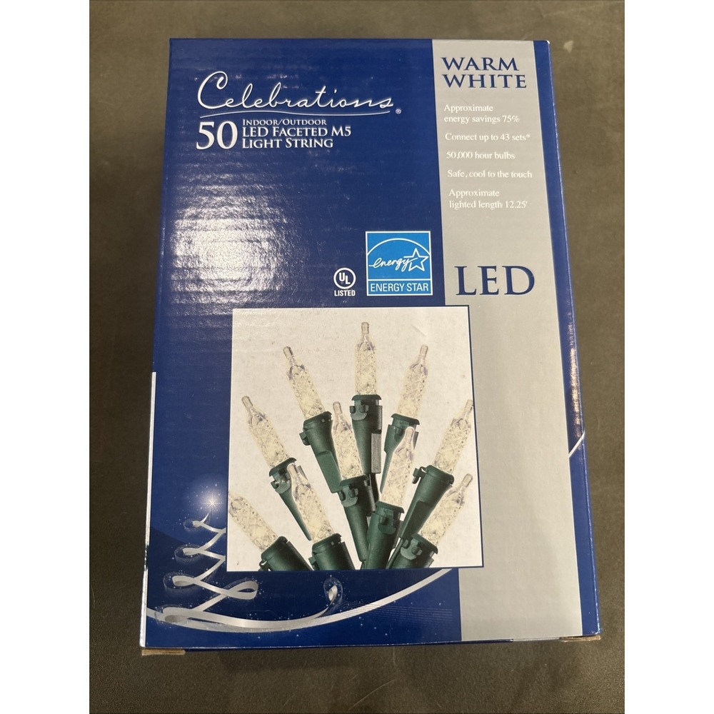 NOS Celebrations 50 Indoor Outdoor Led Faceted M5 Light String Warm White